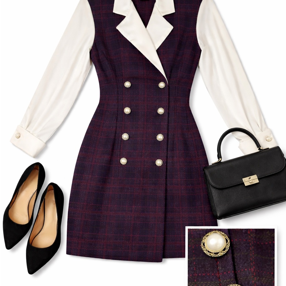 Vintage 90s Double-Breasted Plaid Dress w/ Pearl Accent Buttons